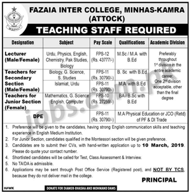 Fazaia Inter College Attock Jobs 2019 for Teaching Staff and DPE