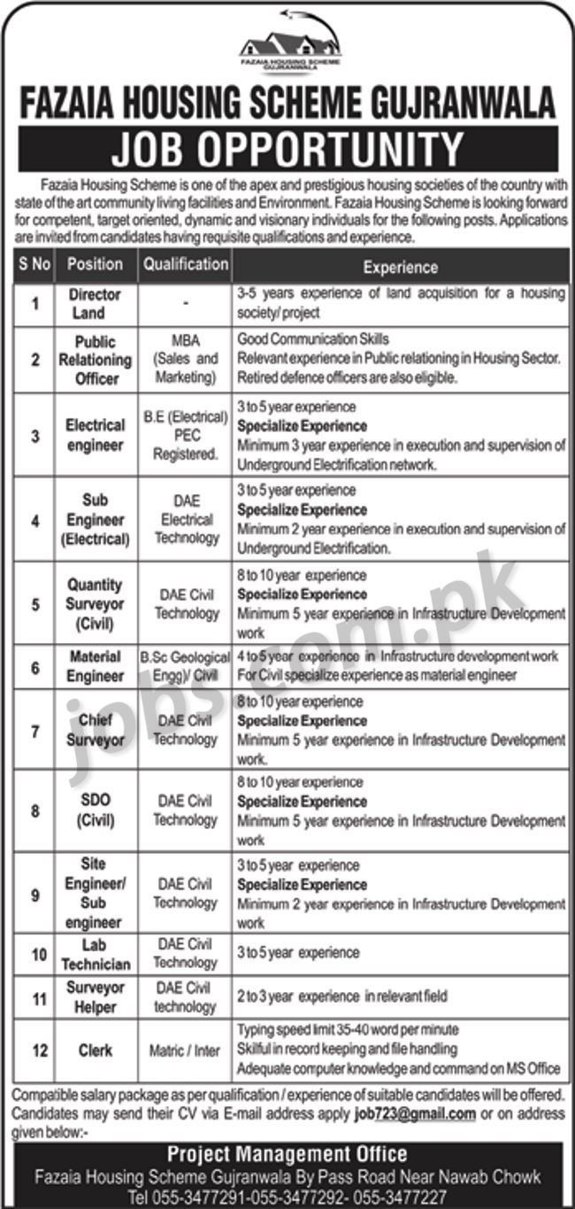 Fazaia Housing Scheme Gujranwala Jobs 2019 for Clerk, DAE, Engineering & Technical Posts