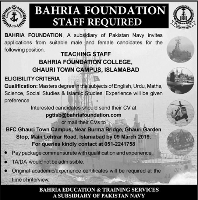 Bahria Foundation Islamabad Jobs 2019 for Teaching Staff