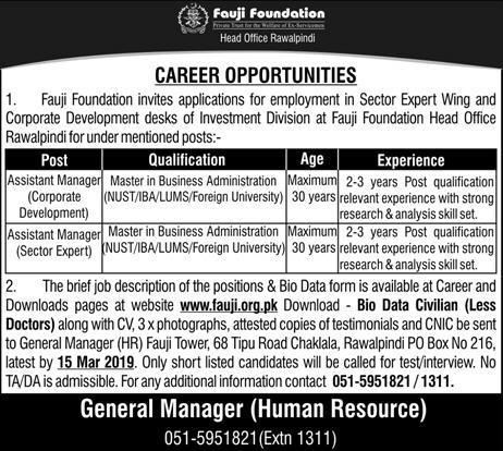 Fauji Foundation Jobs 2019 for Assistant Managers / Admin