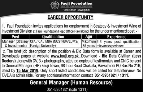 Fauji Foundation Jobs 2019 for Manager / Strategy & Investment