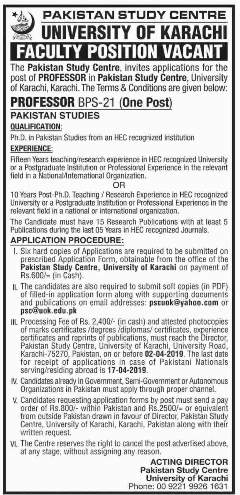 University of Karachi Jobs 2019 for Teaching Faculty (Pakistan Study Centre)