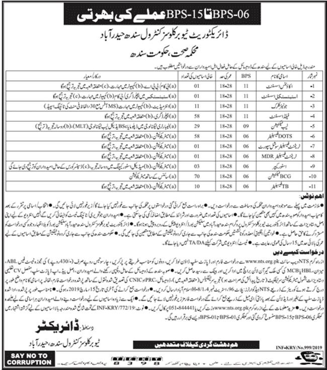 Health Department Sindh Jobs 2019 for 243+ Jr Clerks, DOT Facilitators, Field Assistants, Accounts, Technicians, Para Medical & Other Posts (Download NTS Form)