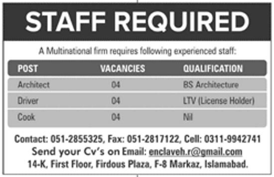 Multinational Firm Islamabad Jobs 2019 for 12+ Architects, Drivers & Cook Staff