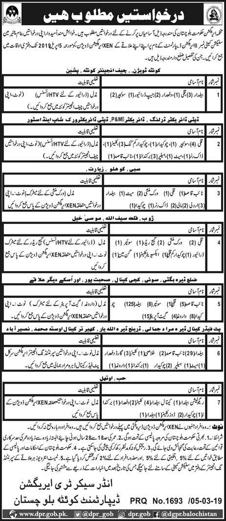 Irrigation Department Balochistan Jobs 2019 for Various Support Staff