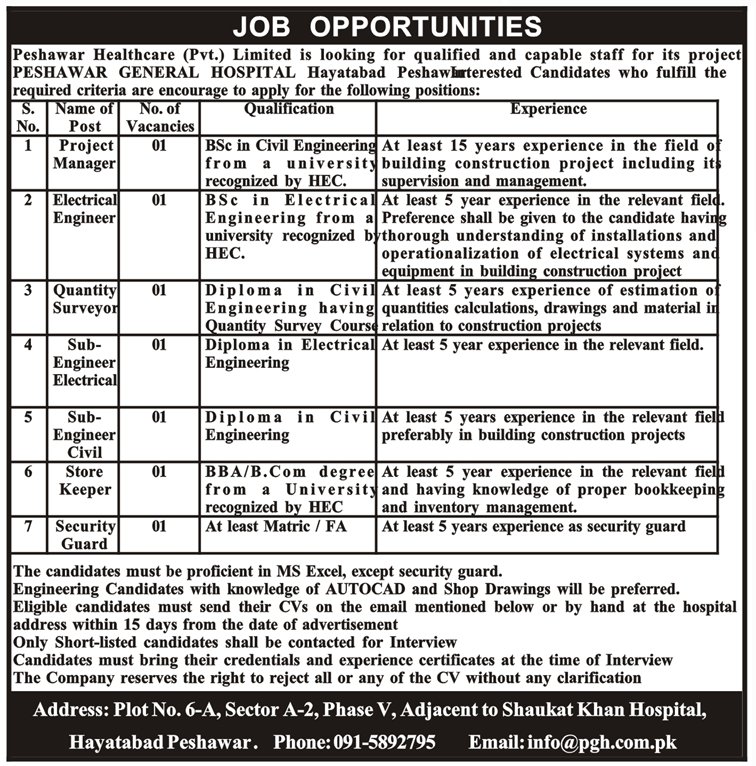 Peshawar Healthcare Ltd Jobs 2019 for 7+ Sub-Engineers, QS, Engineering, Project Manager, Store Keeper & Security Staff