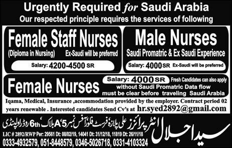 Nurses (Male/Female) Required for Hospitals in Saudi Arabia