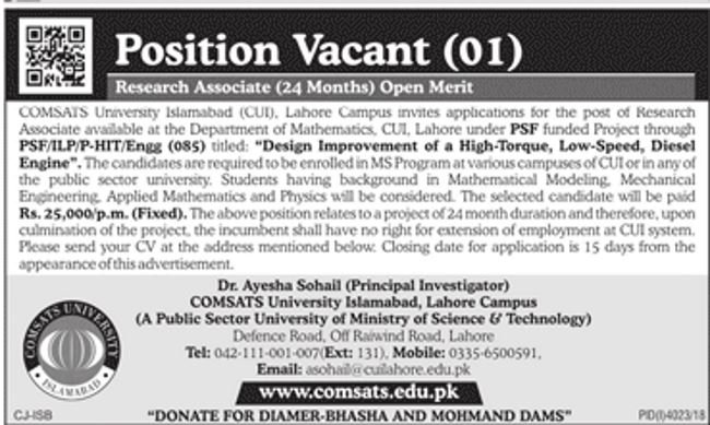 COMSATS University Islamabad Jobs 2019 for Research Associates