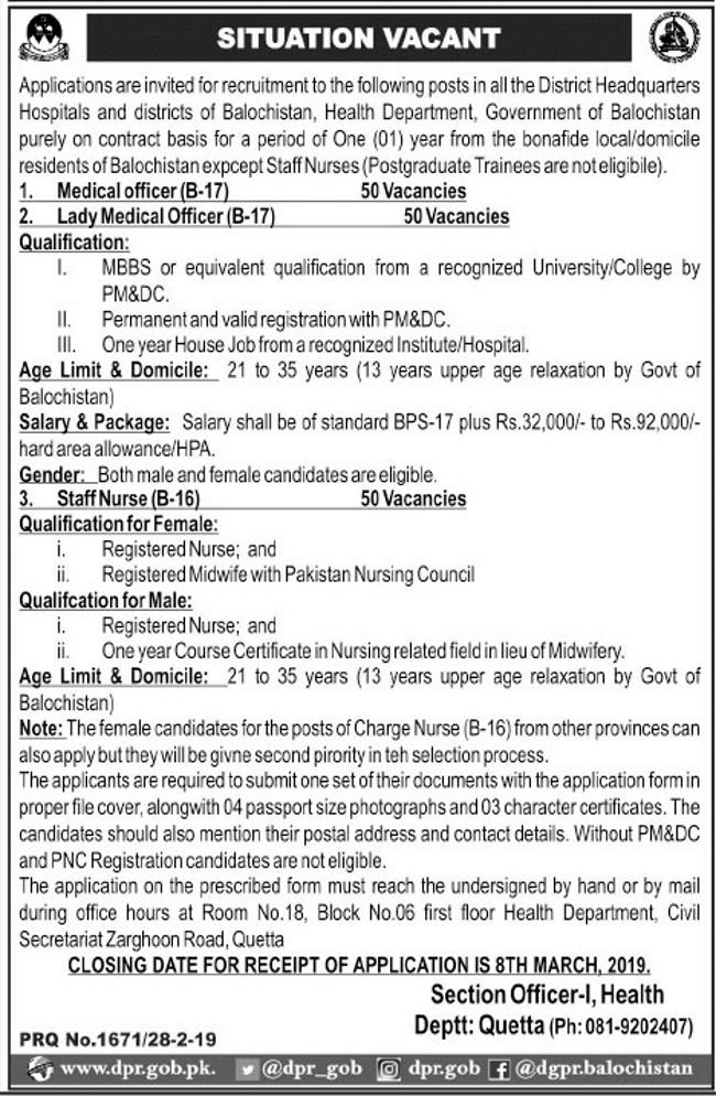 Health Department Balochistan Jobs 2019 for 100+ Medical Officers and Lady Medical Officers