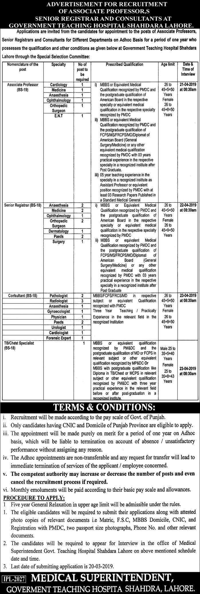 Govt Teaching Hospital Lahore Jobs 2019 for 31+ Medical & Teaching Faculty