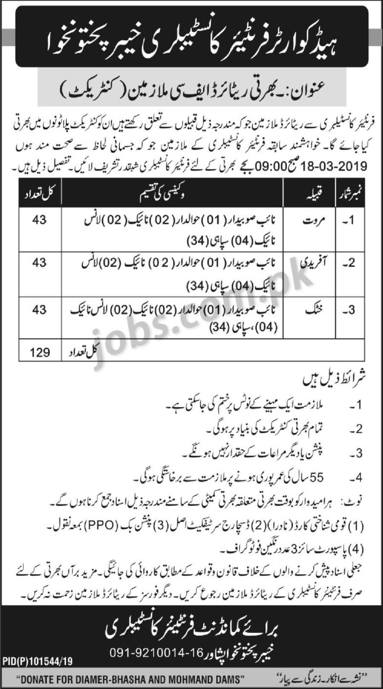 Frontier Corps (FC) Jobs 2019 for 129+ Sipahi, Naib Subedar, Hawaldar, Naik