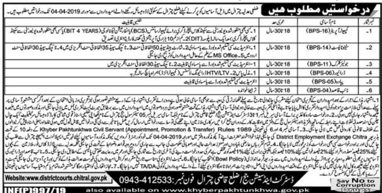 District & Session Judge Chitral Jobs 2019 for Computer Operators, Stenotypst, Jr Clerk, Driver & Support Staff