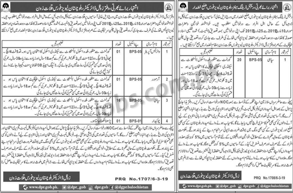Levies Force Balochistan Jobs 2019 for 39+ Sipahi, Wireless Operator, Armor and Guard (Khuzdar/Kalat)