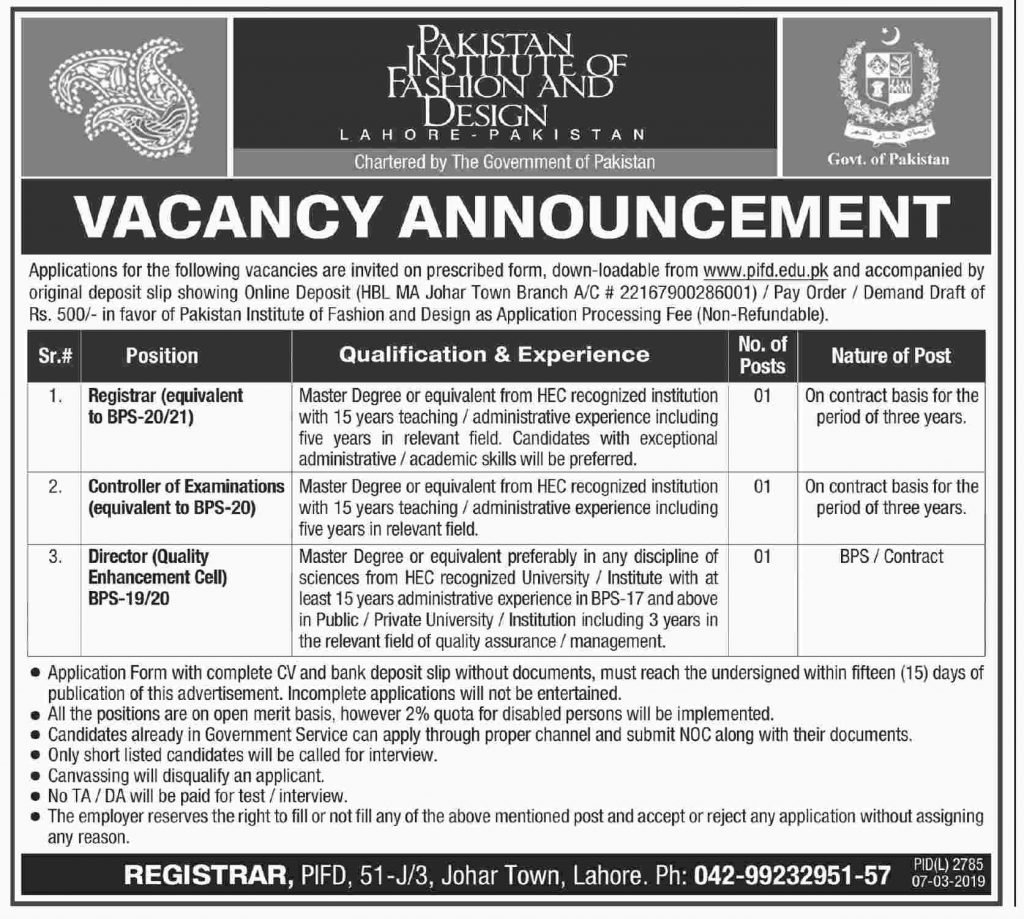 Pakistan Institute of Fashion & Design (PIFD) Jobs 2019 for Registrar, Controller Examination and Director / Management
