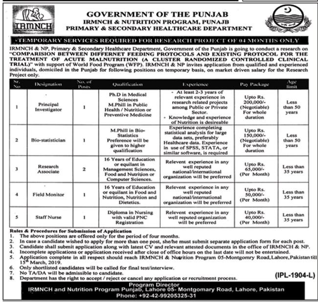 Primary & Secondary Healthcare Department Punjab Jobs 2019 for Bio-Statistician, Research, Investigator, Field & Nursing Staff