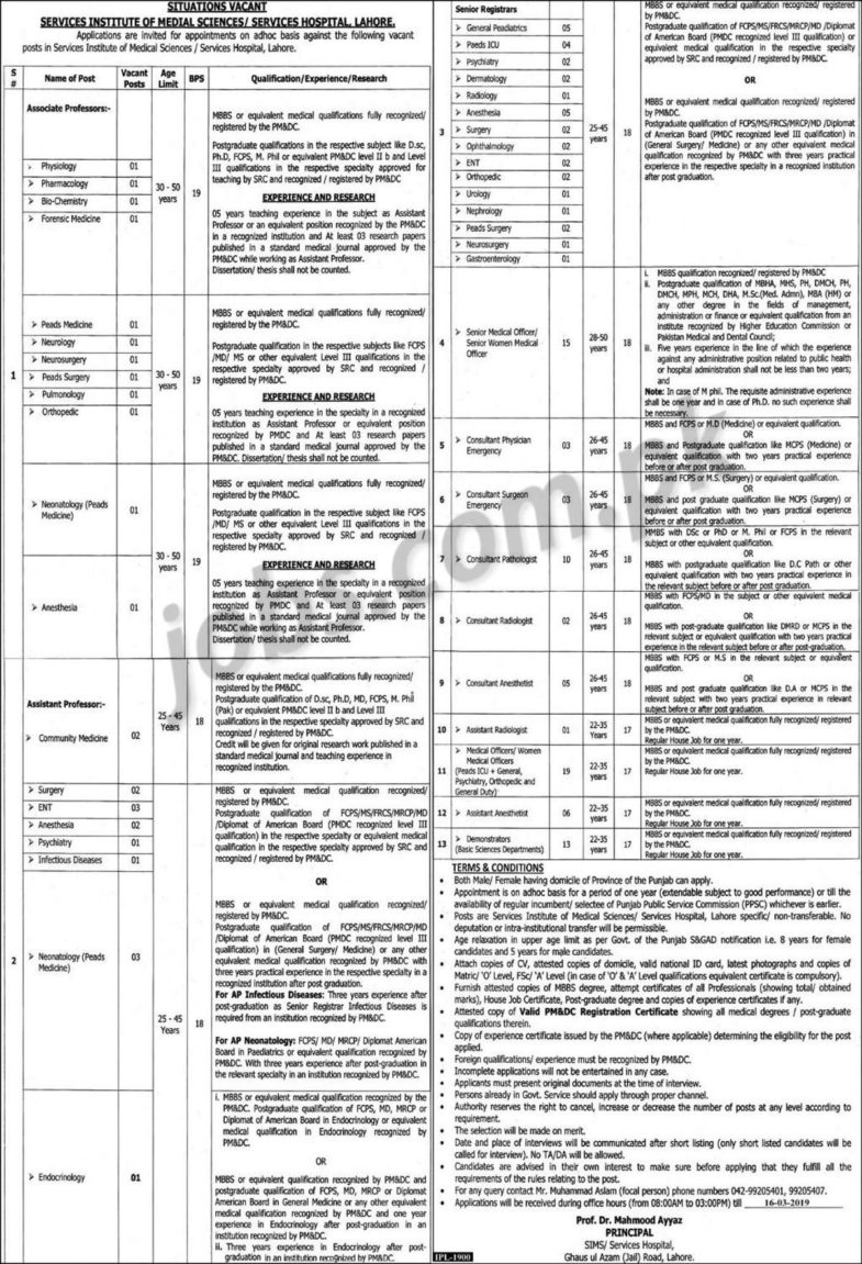 Services Hospital Lahore Jobs 2019 for 137+ Teaching Faculty, Registrars, Demonstrators, Medical Officers & Other Posts