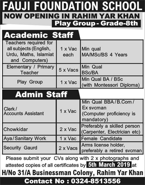 Fauji Foundation Jobs 2019 for Teachers, Clerks, Accounts & Support Staff (Rahim Yar Khan)