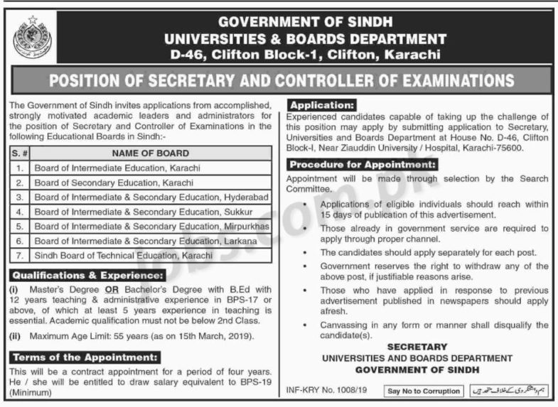 Universities & Boards Department Sindh Jobs 2019 for 14+ Secretary & Controller Examinations (Multiple Cities)