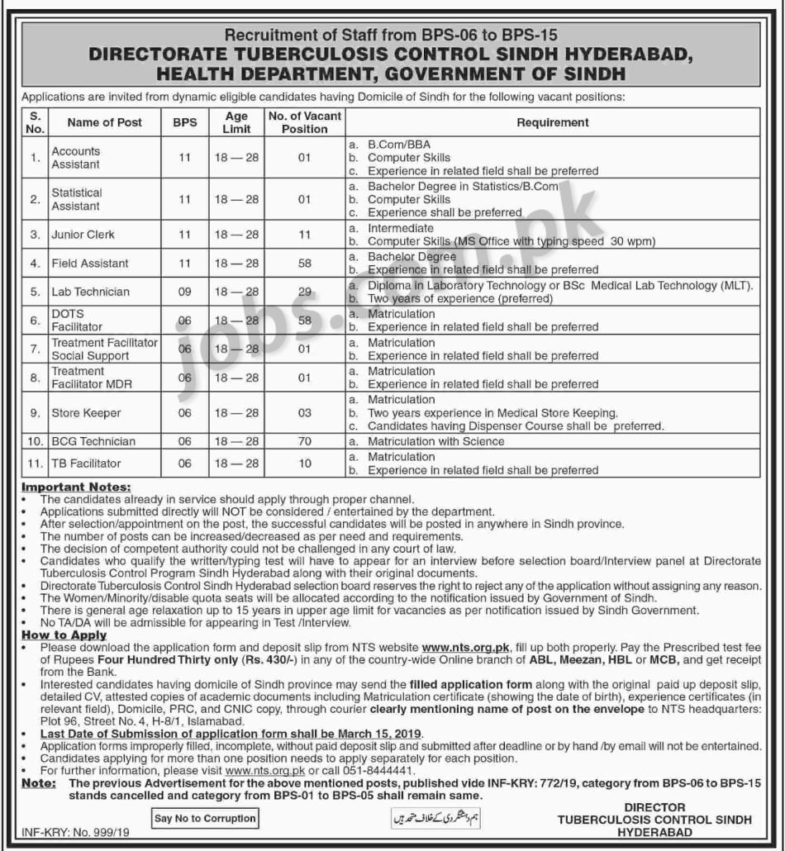 Health Department Sindh Jobs 2019 for 243+ Jr Clerks, DOT Facilitators, Field Assistants, Accounts, Technicians, Para Medical & Other Posts (Download NTS Form)