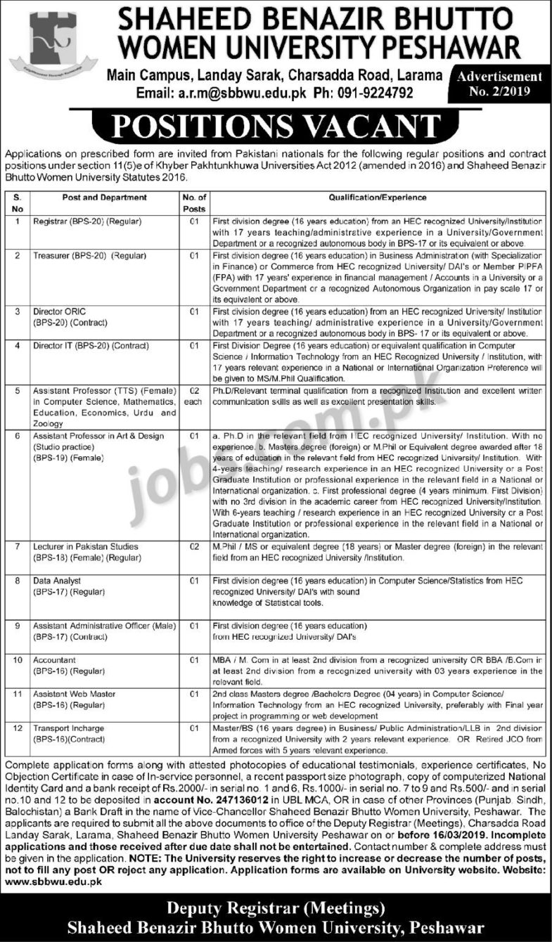Shaheed Benazir Bhutto Women University (SBBWU) Peshawar Jobs 2019 for 24+ Teaching & Non-Teaching Staff