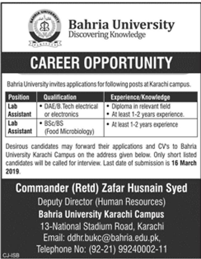 Bahria University Jobs 2019 for DAE/BSc/BS – Lab Assistants