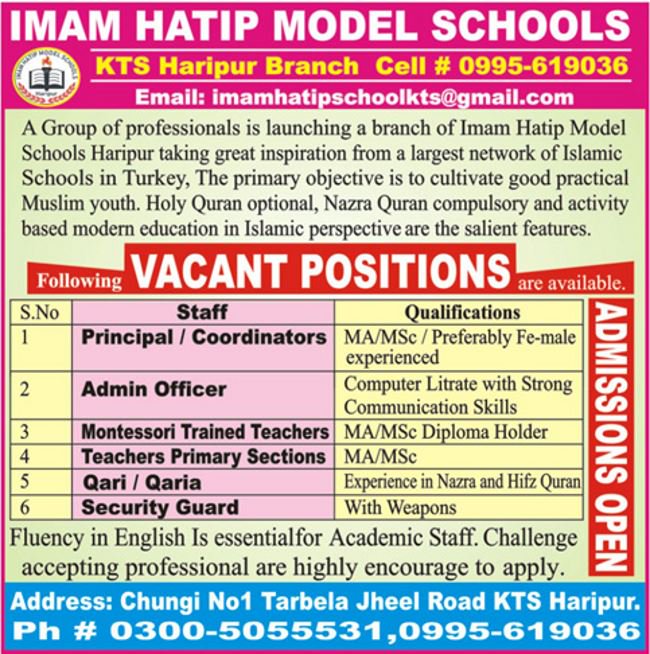 Imam Hatip Model Schools Haripur Jobs 2019 for Admin, Teachers, Principal & Support Staff