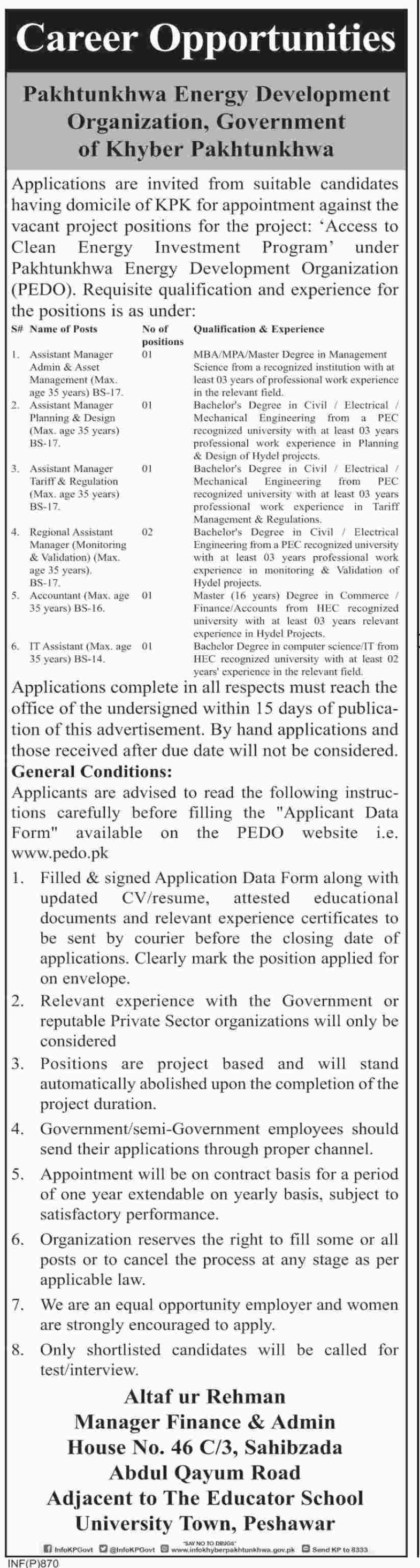 PEDO KP Jobs 2019 for 7+ IT, Accounts, Engineering and Assistant Managers