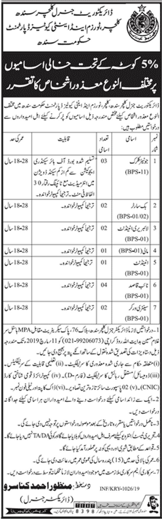 Culture, Tourism and Antiquities Department Sindh Jobs 2019 for 15+ Jr Clerks, Book Sorter, Library & Support Staff