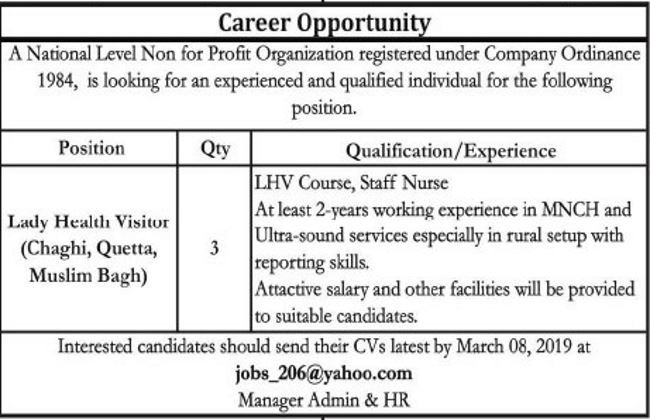 National NGO Jobs 2019 for 3+ Lady Health Visitors