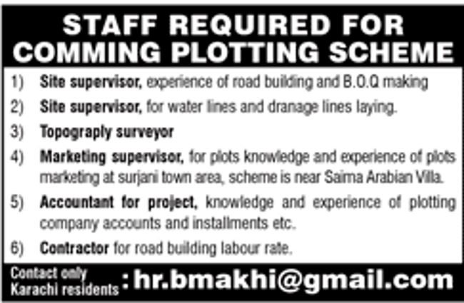 Karachi Plotting Scheme Jobs 2019 for Engineering, Topography Surveyor, Accounts, Marketing & Site Supervisors