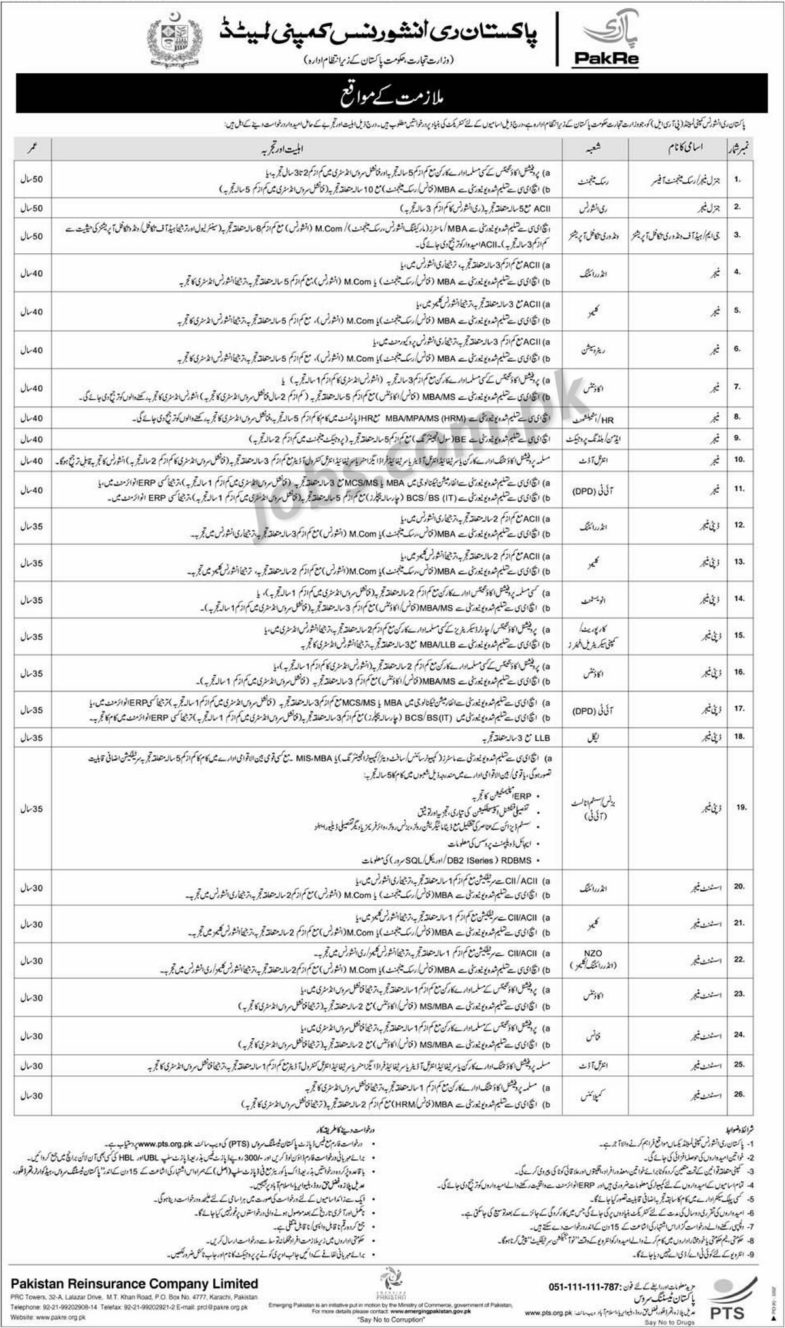 Pakistan Reinsurance Company Ltd (PakRe) Jobs 2019 for 25+ Posts in Multiple Departments (Download PTS Form)
