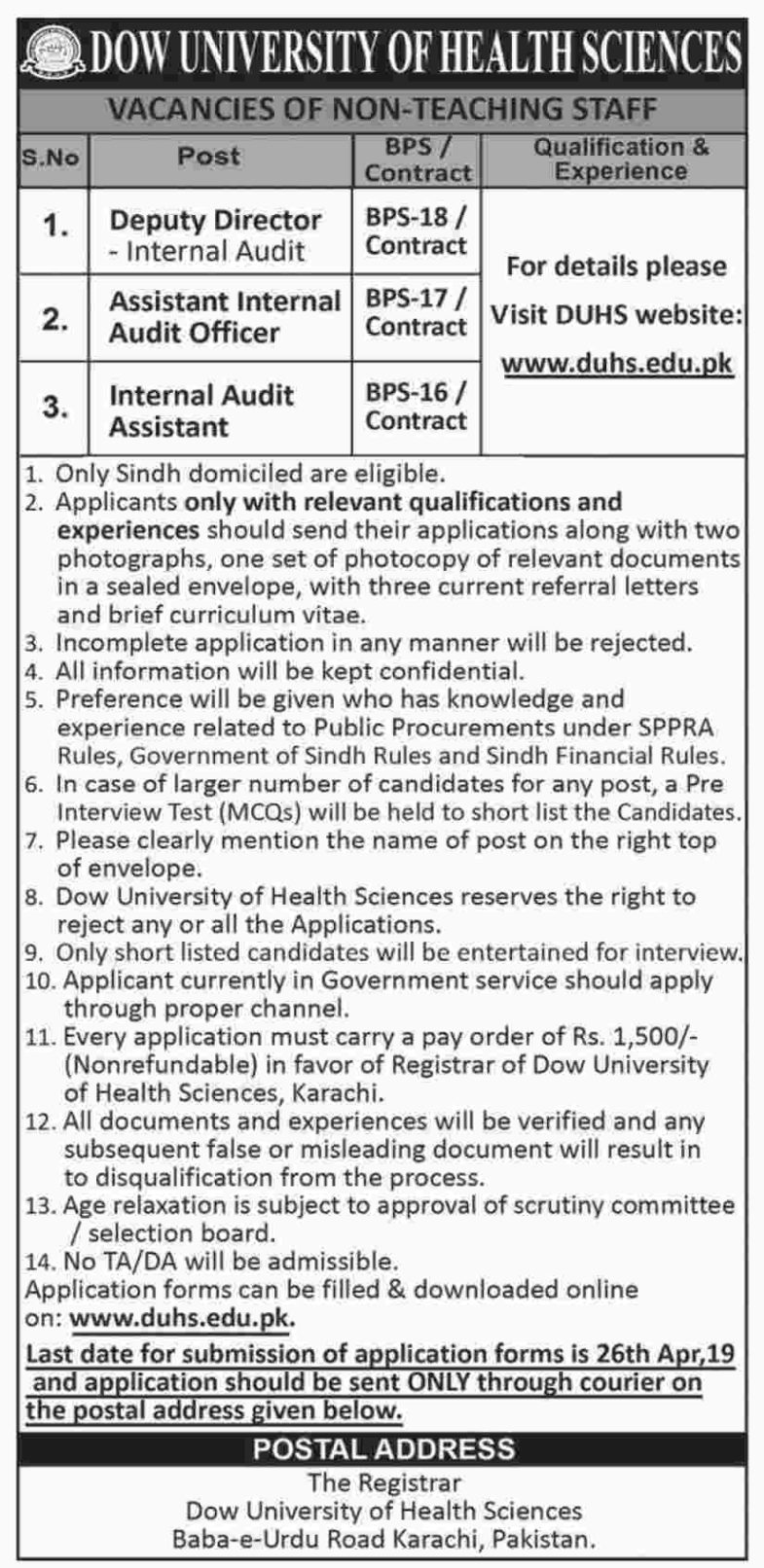 DOW University of Health Sciences Jobs 2019 for Internal Audit Staff and Dy Director