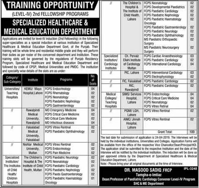 Specialized Healthcare & Medical Education Department Punjab Fellowship / Training Program 2019
