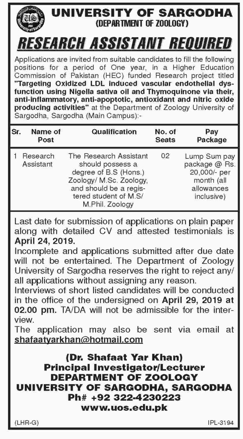 University of Sargodha Jobs 2019 for Research Assistant