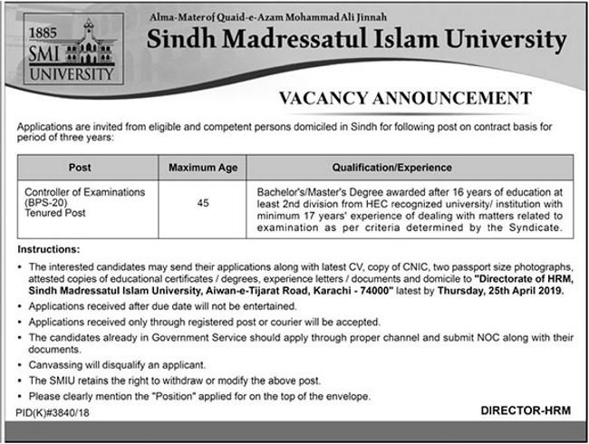 SMI University Karachi Jobs 2019 for Controller of Examinations