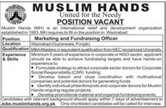 Muslim Hands NGO Pakistan Jobs 2019 for Marketing & Fundraising Officer Posts