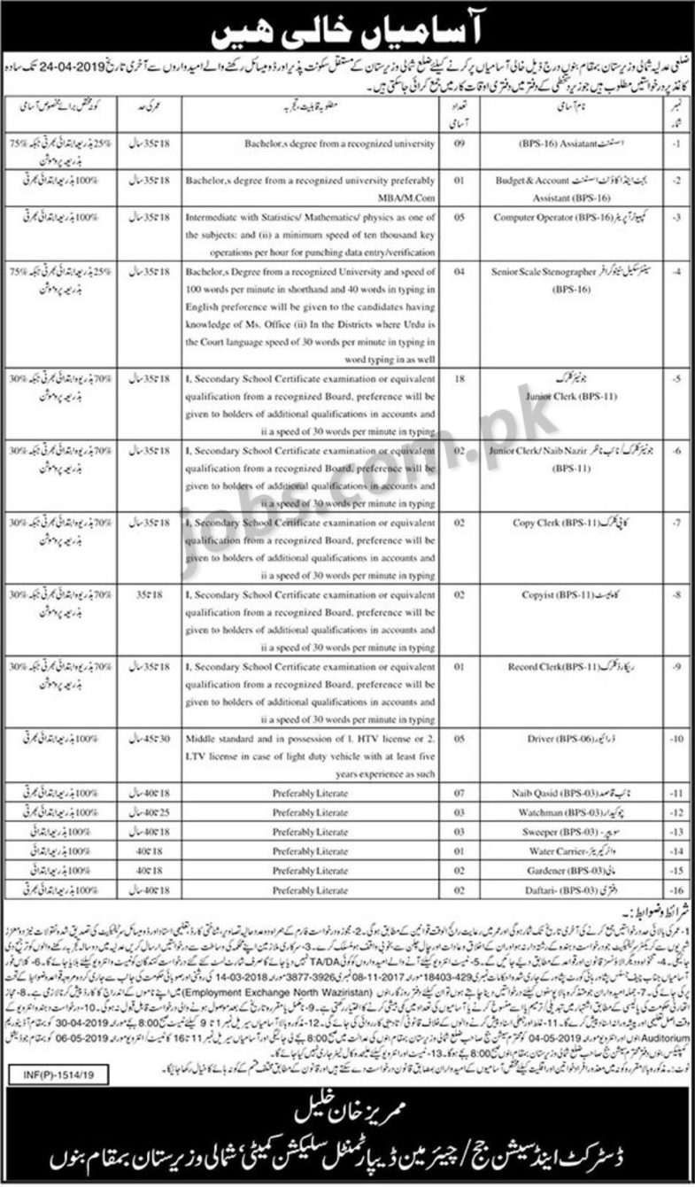 District & Session Judge Bannu Jobs 2019 for 50+ Posts (Multiple Categories)