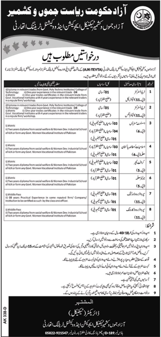 TEVTA AJK Jobs 2019 for 21+ Instructors, Muallama, Supervisors & Other Posts