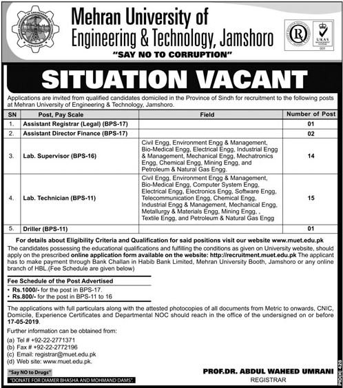 Mehran University of Engineering & Technology Jamshoro Jobs 2019 for 33+ Assistant Registrar, Lab Supervisors/Technicians, Assistant Directors & Driller
