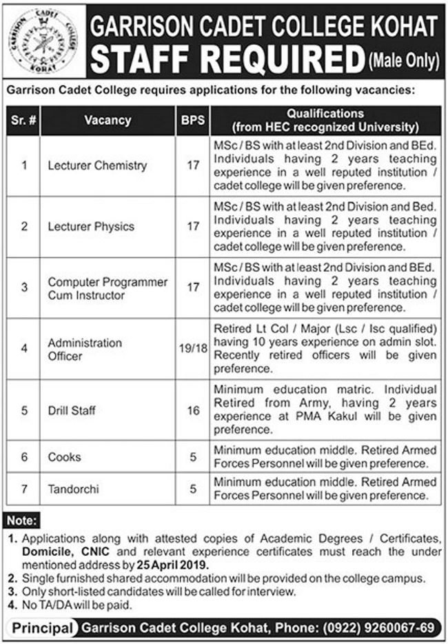 Garrison Cadet College Kohat Jobs 2019 for Admin, IT, Teaching & Other Posts