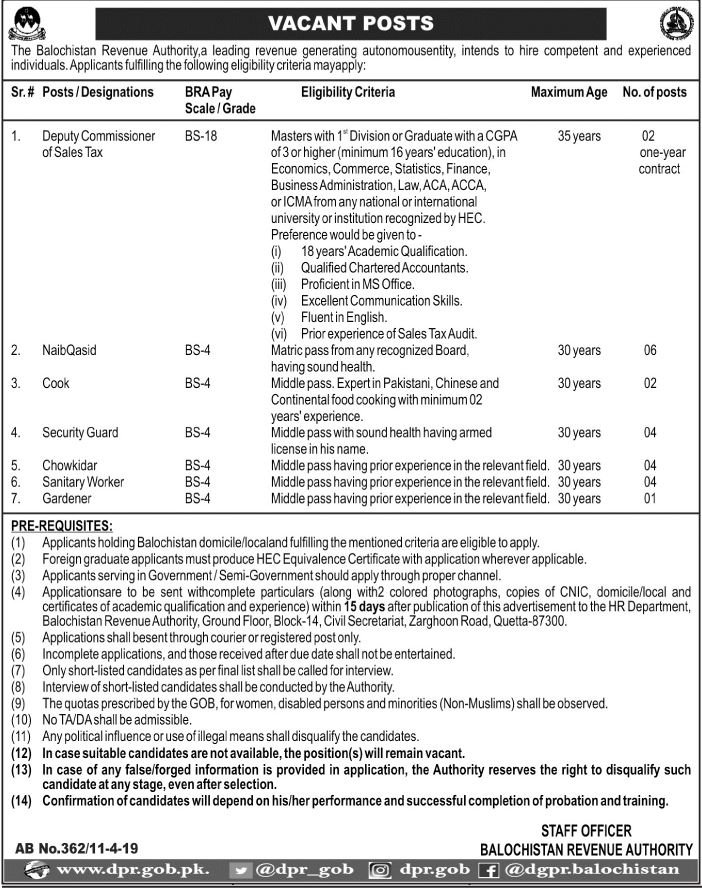 Balochistan Revenue Authority Jobs 2019 for 23+ Dy Commissioner Sales Tax, Naib Qasid & Other Support Staff