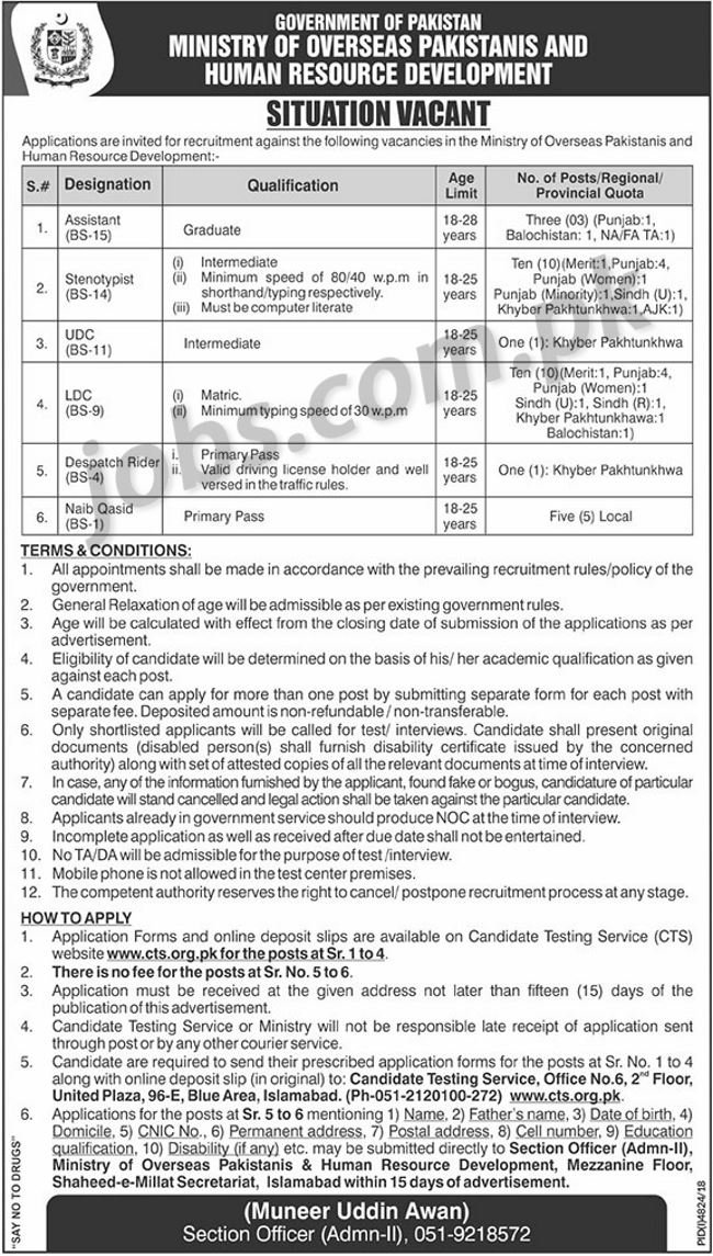 Ministry of Overseas Pakistanis & HR Development Jobs 2019 for 30+ Stenotypists, Assistants, LDC/UDC Clerks and Other Posts