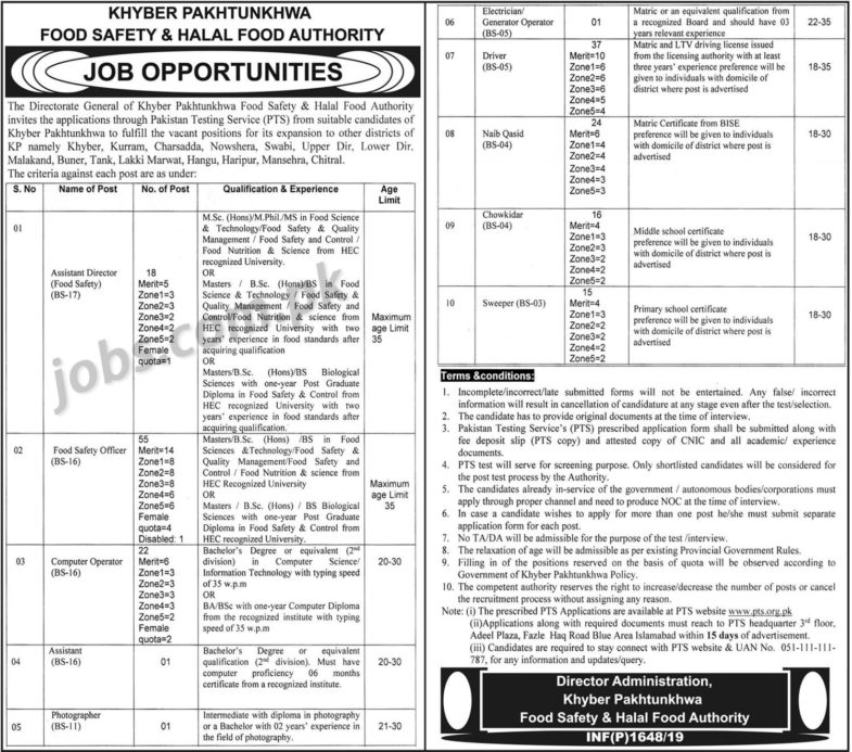 Food Safety & Halal Food Authority KP Jobs 2019 for 190+ Food Safety Officers, Computer Orators and Other Posts (Download PTS Form)