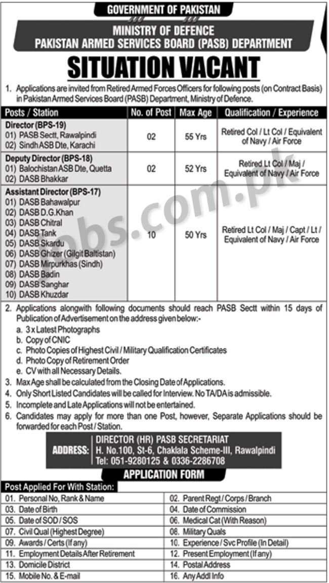 Ministry of Defence / PASB Department Jobs 2019 for 14+ Assistant, Deputy & Directors Posts (Retired Armed Forces)