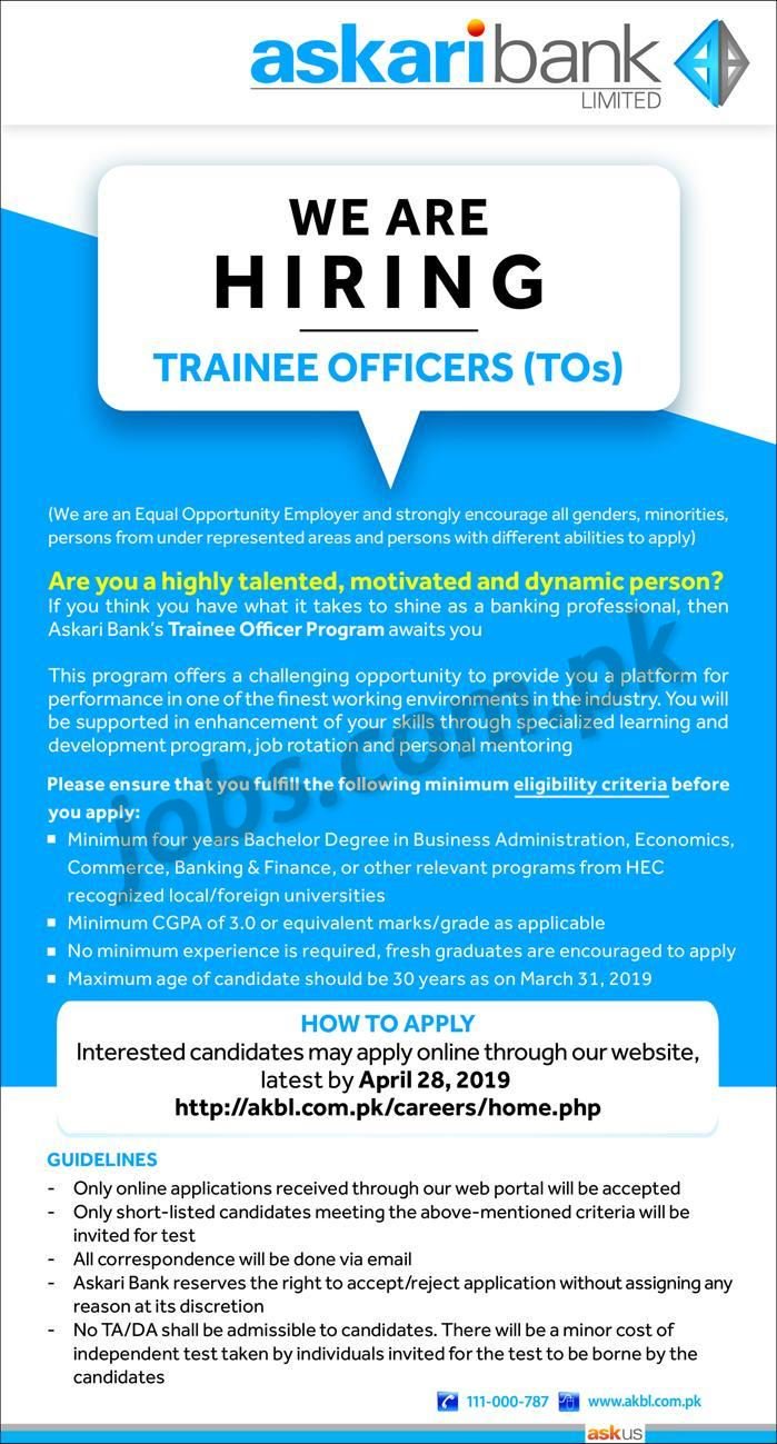 Askari Bank Ltd Jobs 2019 for Trainee Officers (All Pakistan)