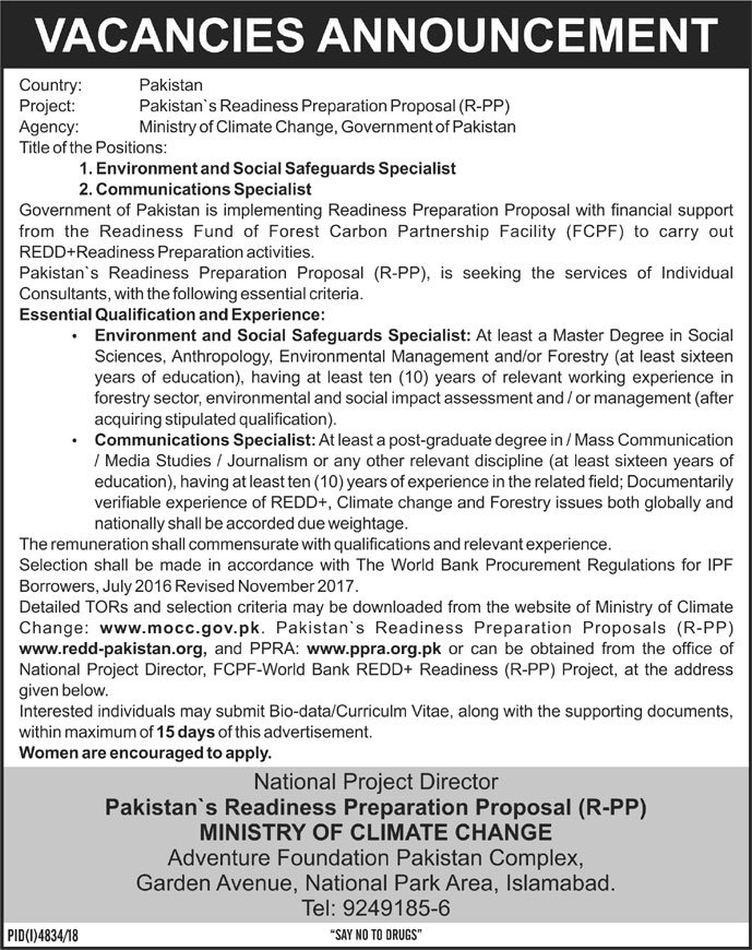 Ministry of Climate Change Pakistan Jobs 2019 for Community / Environment / Social Safeguards Specialists