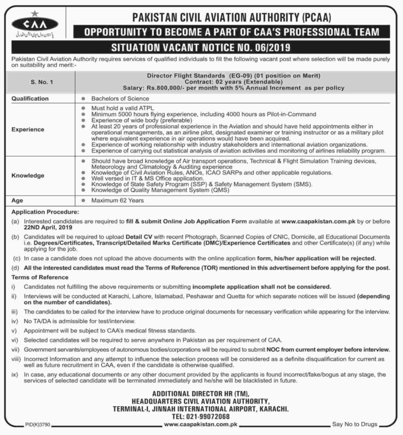 Pakistan Civil Aviation Authority (PCAA) Jobs 2019 for Director Flight Standards