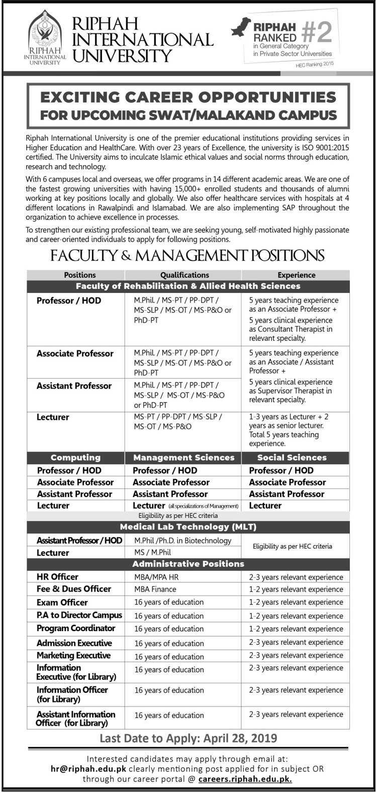 Riphah International University Jobs 2019 for Teaching & Non-Teaching Staff (All Departments)