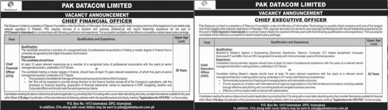 Pak Datacom Ltd Jobs 2019 for CFO and CEO Posts