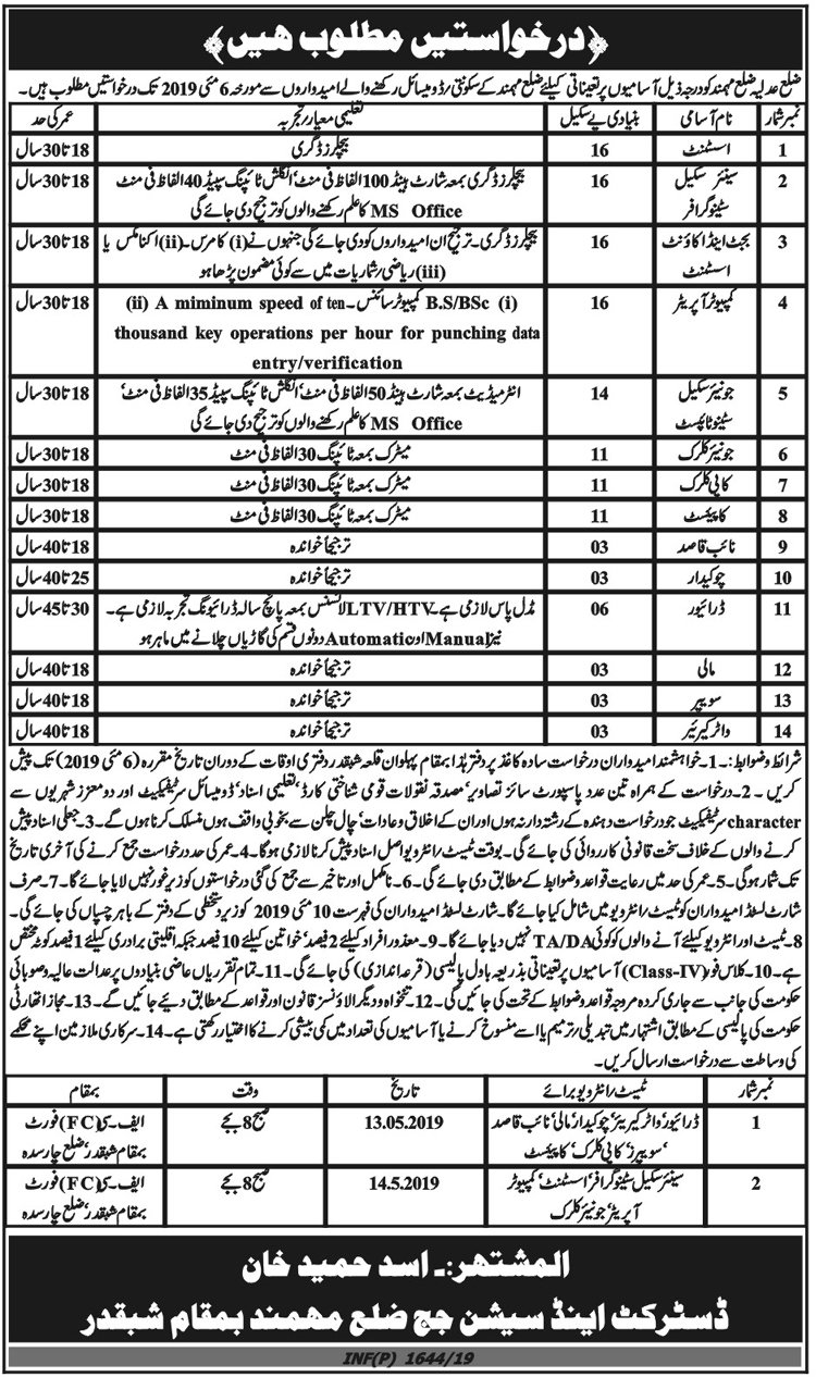 District & Session Judge Mohmand KP Jobs 2019 for 20+ Assistants, Stenotypist/Stenographer, Computer Operators, Accounts, Clerks & Other Posts